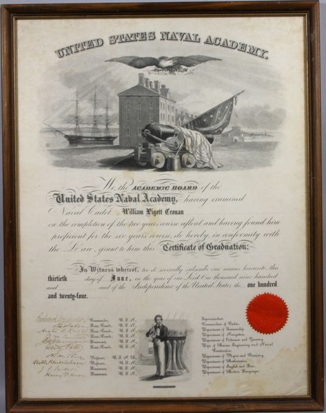 Appraisal: U S Naval Academy certificate of graduation for William Pigott