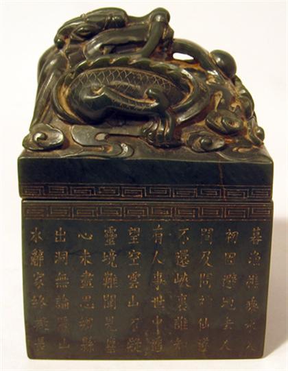 Appraisal: Chinese spinach jade boxed seal late qing Of inscribed square