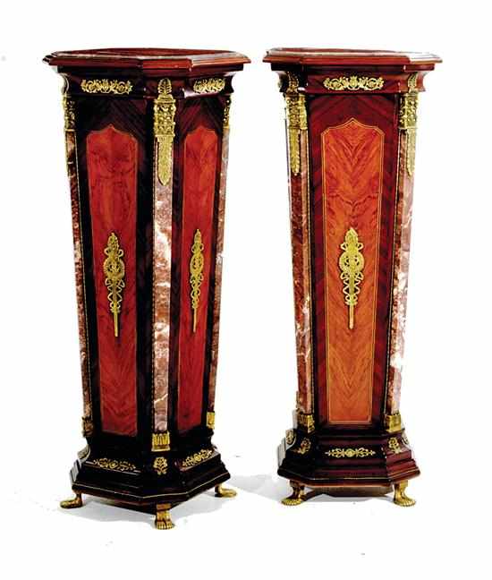 Appraisal: Pair bronze-mounted marble and mahogany pedestals shaped rouge marble top