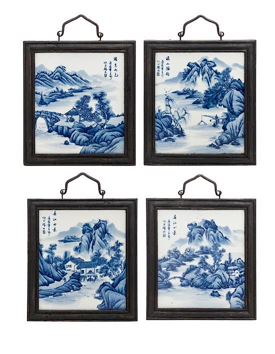 Appraisal: A Set of Four Blue and White Porcelain Rectangular Plaques