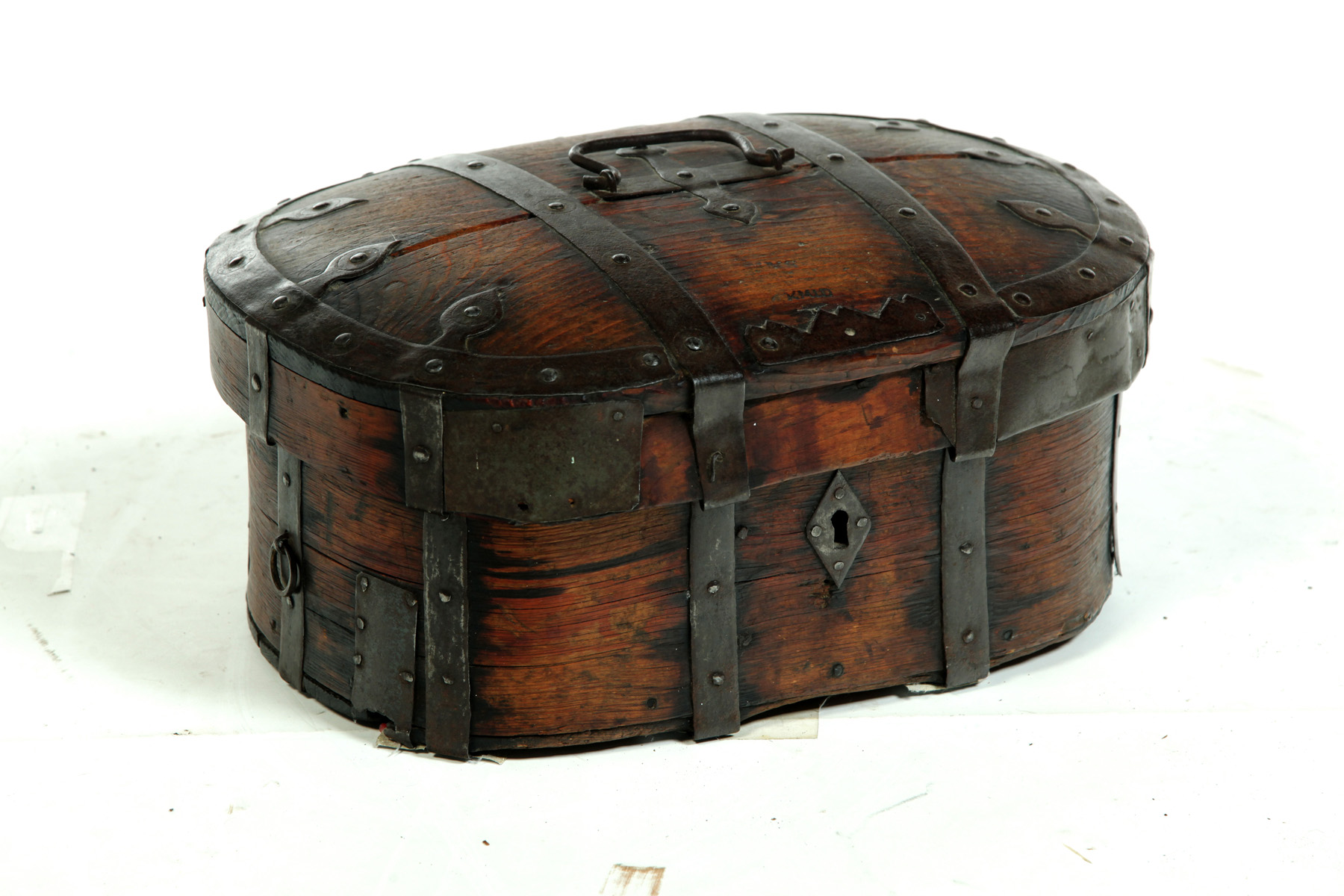 Appraisal: IRON BOUND IMMIGRANTS STRONG BOX Mid th century pine Oval