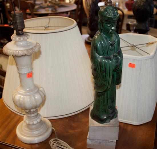 Appraisal: Continental carved alabaster lamp and a Chinese green ceramic figural