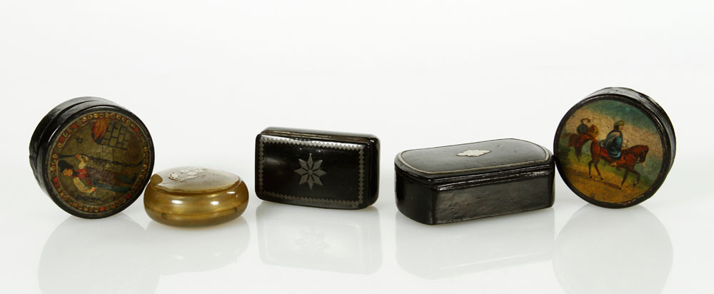 Appraisal: - Collection of Snuff Boxes Collection of five snuff boxes