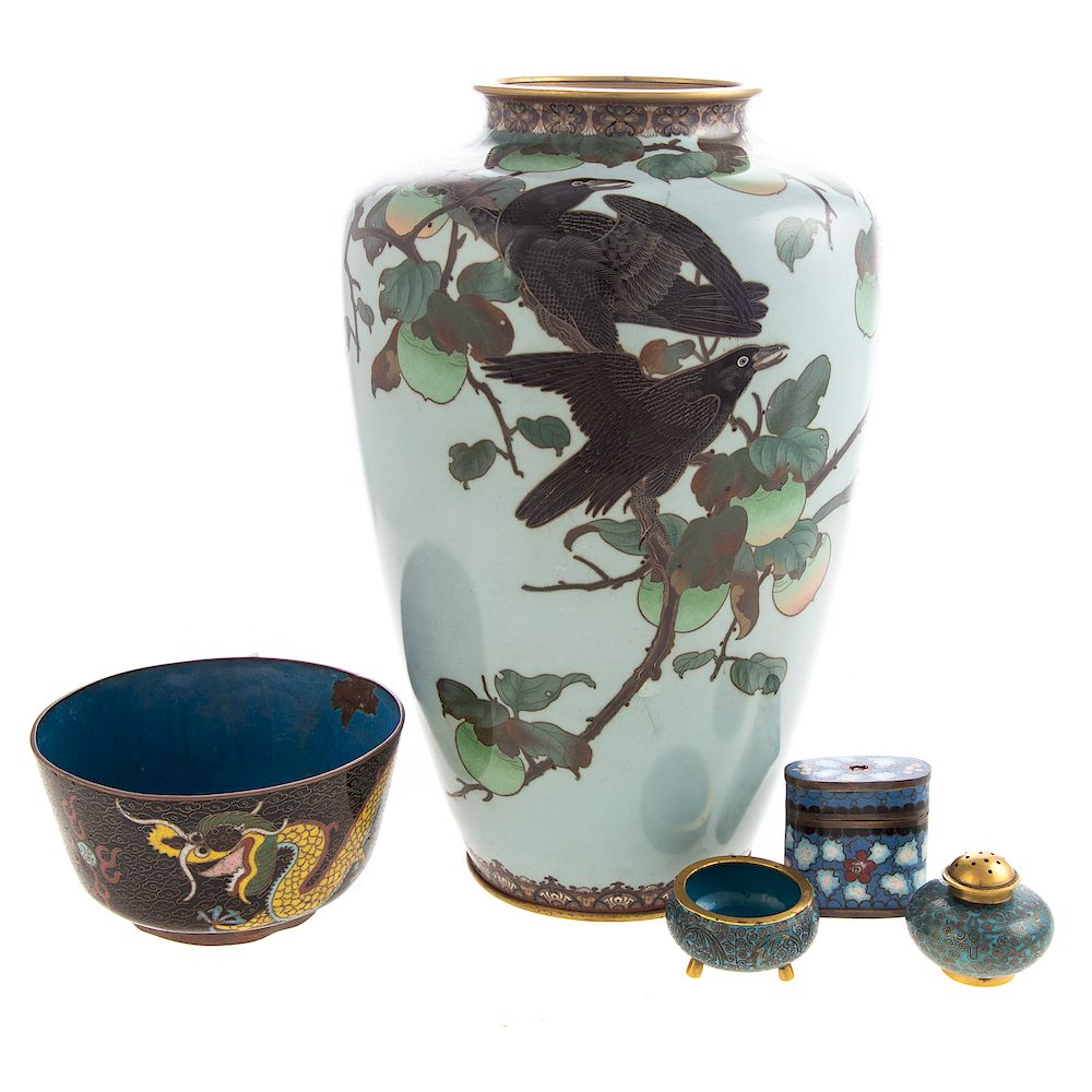 Appraisal: Five Cloisonne Enamel Articles includes Japanese vase with crows in