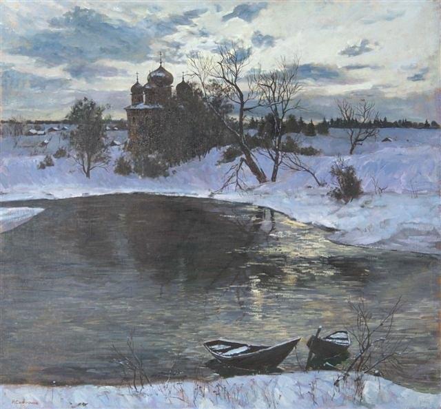 Appraisal: RUBEN SAFRONOV b - Winter Evening with Church signed oils