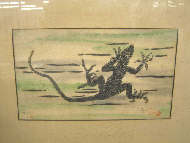 Appraisal: E DeMyer Woodblock Print of a Salamander or Lizard x