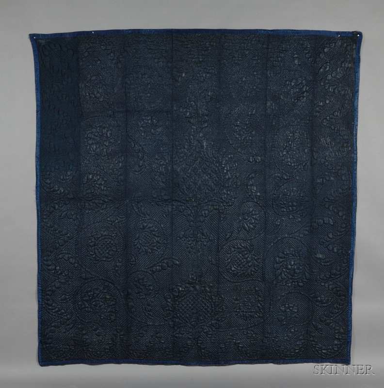 Appraisal: Indigo Blue Glazed Calamanco Whole Cloth Quilt probably Massachusetts late