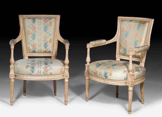 Appraisal: PAIR OF PAINTED FAUTEUILS EN CABRIOLET Louis XVI Paris circa