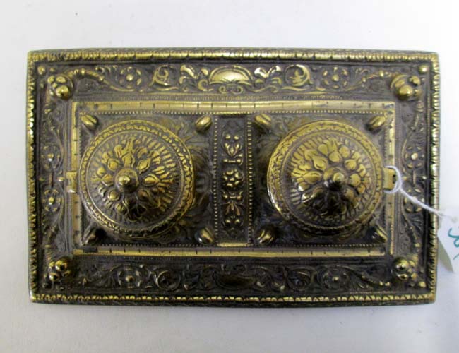 Appraisal: ENGLISH ORNATE BRASS INKSTAND having a pair inkwells with hinged