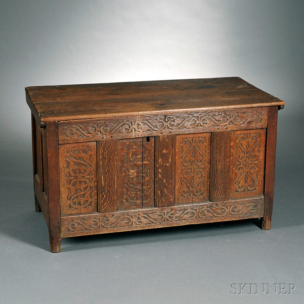 Appraisal: Carved Oak and Pine Joined Chest possibly North Shore of