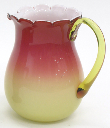 Appraisal: PEACH BLOW ART GLASS PITCHER having cranberry-red shading to yellow