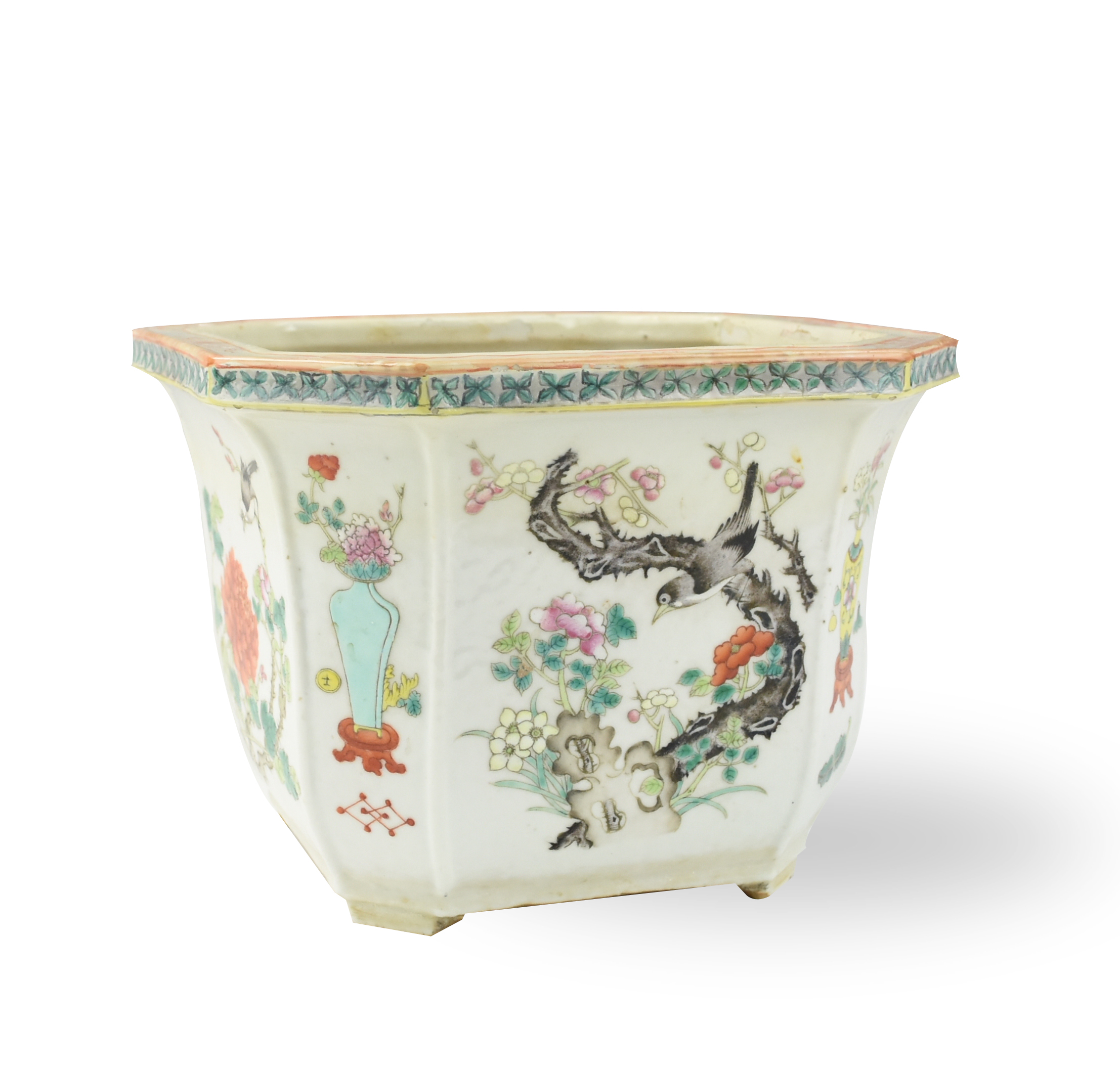 Appraisal: CHINESE FAMILLE ROSE FLOWER POT W BIRDS TH C Chinese