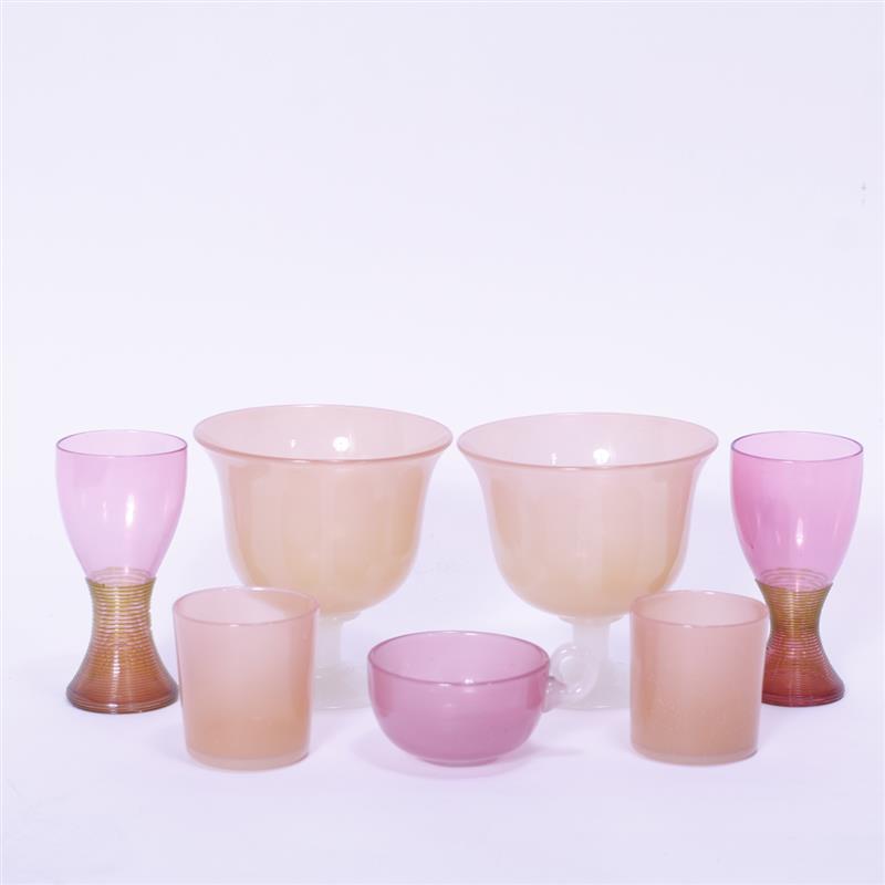 Appraisal: Group of seven glass items Two Stevens Williams peach-colored glasses