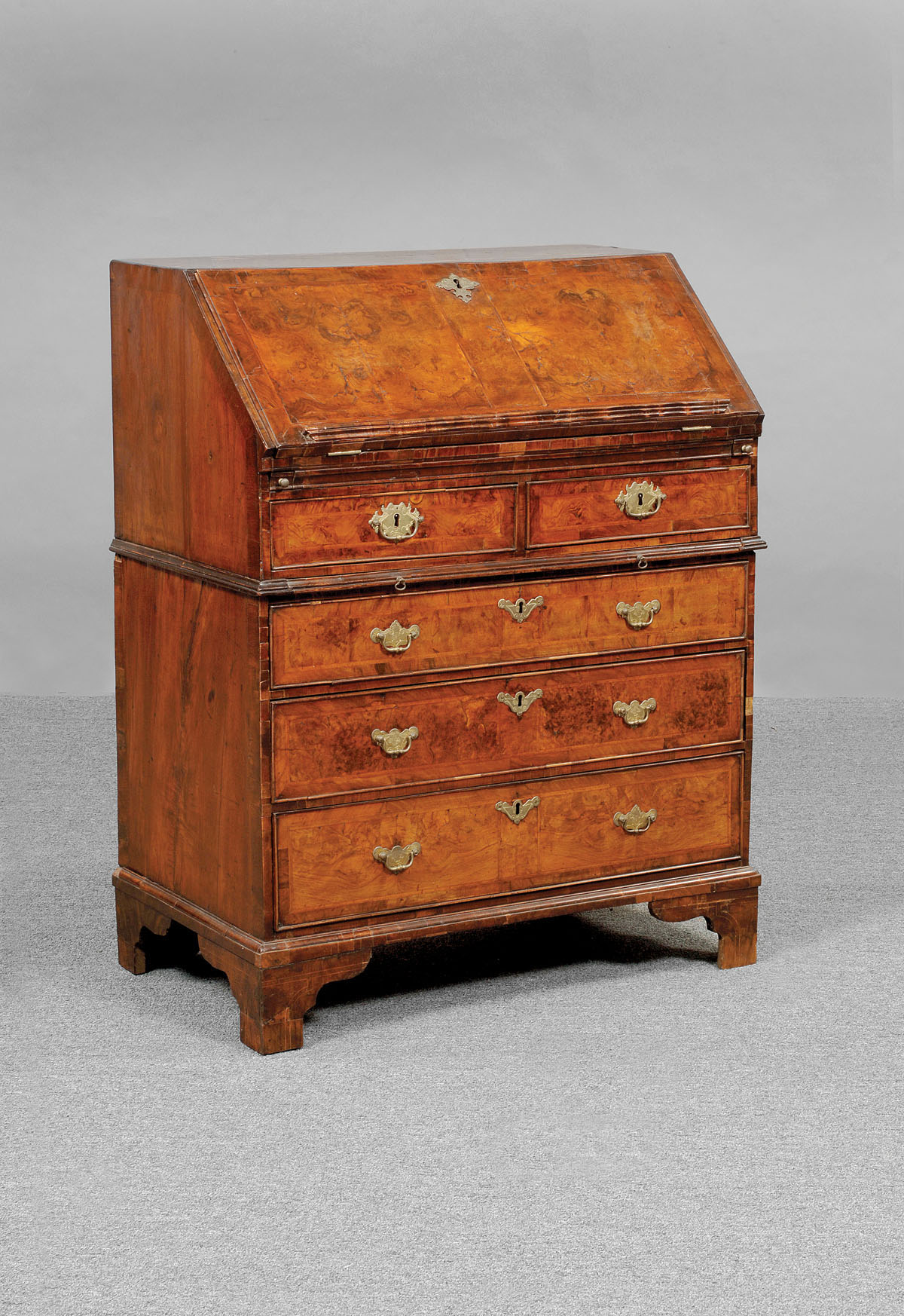 Appraisal: ENGLISH GEORGE II BURL WALNUT SLANT LID DESK The oblong