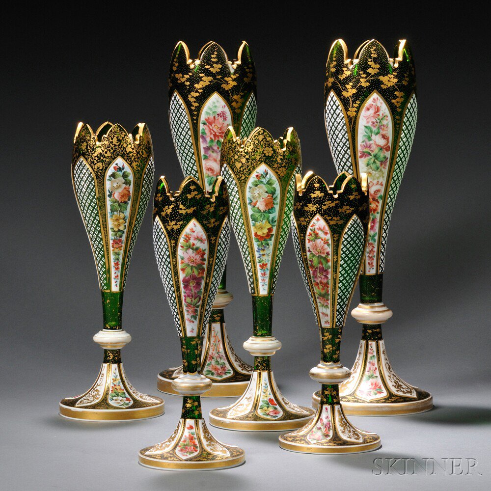 Appraisal: Three Pairs of Bohemian Overlay Glass Tulip-form Vases th century