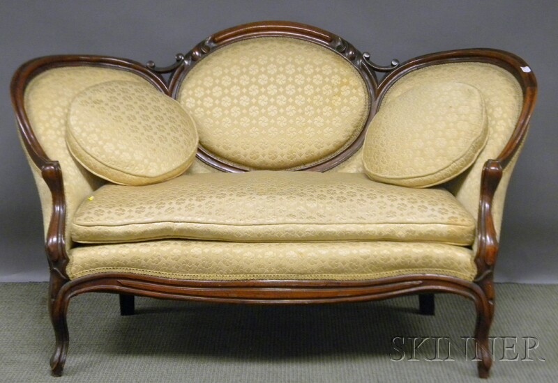 Appraisal: Victorian Rococo Revival Damask Upholstered Carved Walnut Loveseat lg in