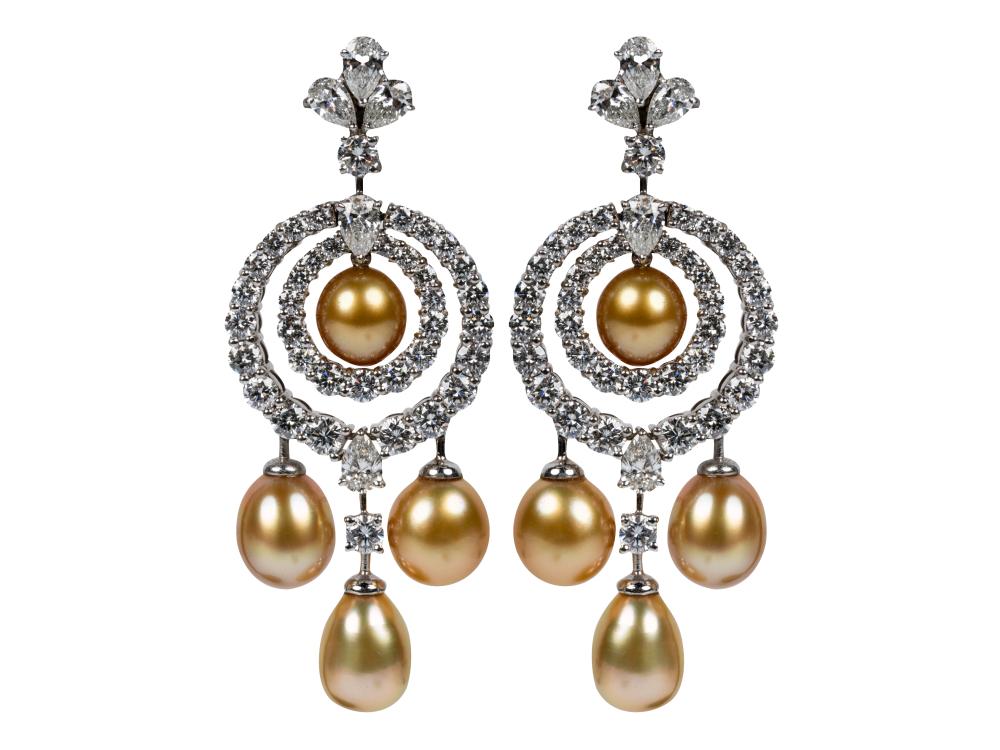 Appraisal: KARAT WHITE GOLD DIAMOND GOLDEN PEARL DROP EARRINGScontaining two spherical