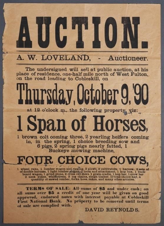 Appraisal: BROADSIDE FARM AUCTION ADVERTISEMENTNice piece of ephemera An antique broadside