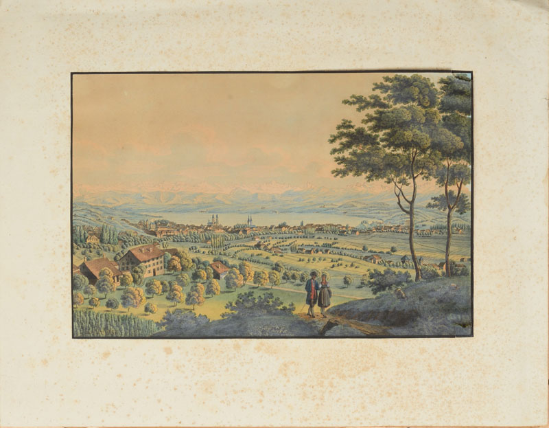 Appraisal: EUROPEAN SCHOOL A WALK IN THE COUNTRY Lithograph with hand-coloring