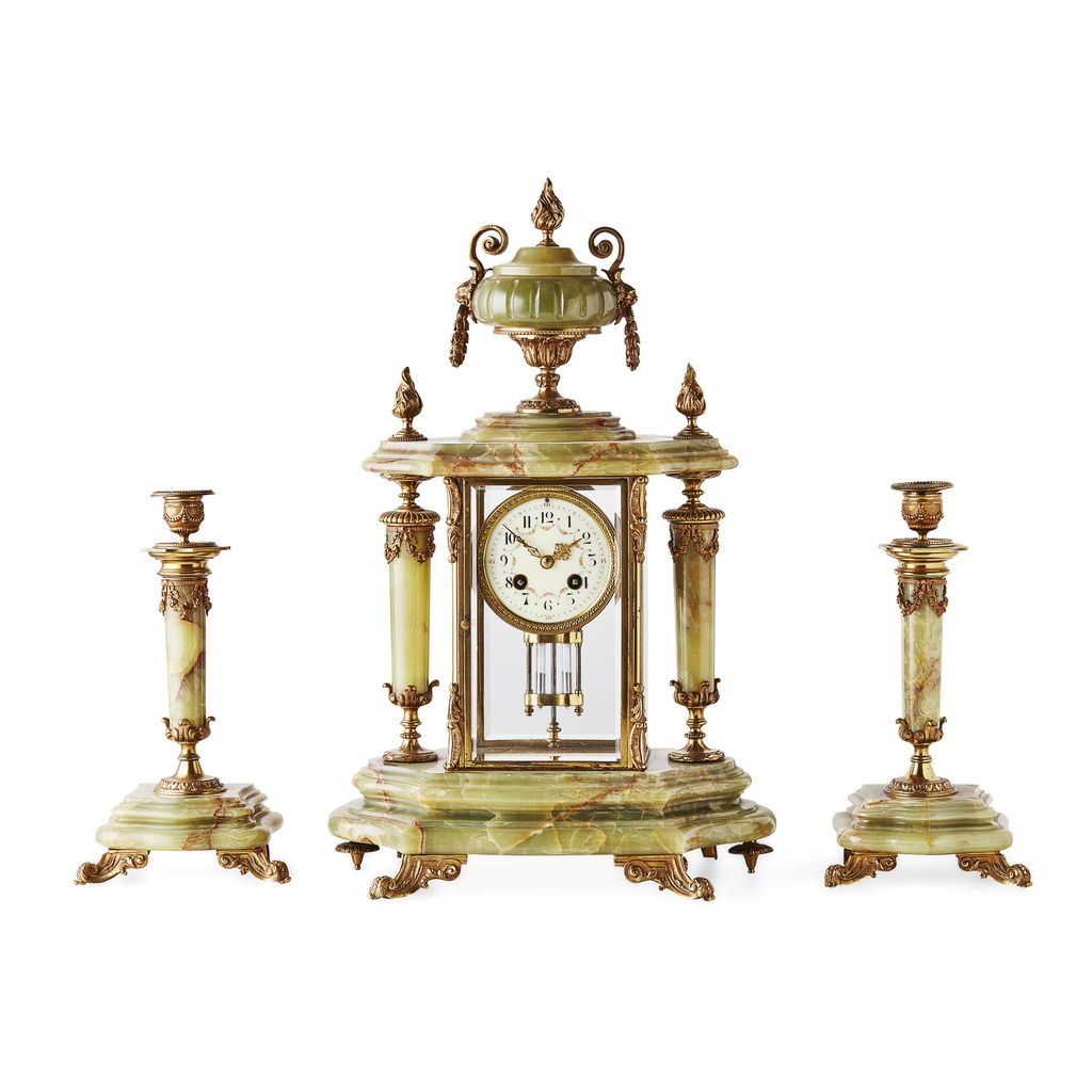 Appraisal: FRENCH ONYX AND GILT BRONZE MOUNTED CLOCK GARNITURE TH CENTURY