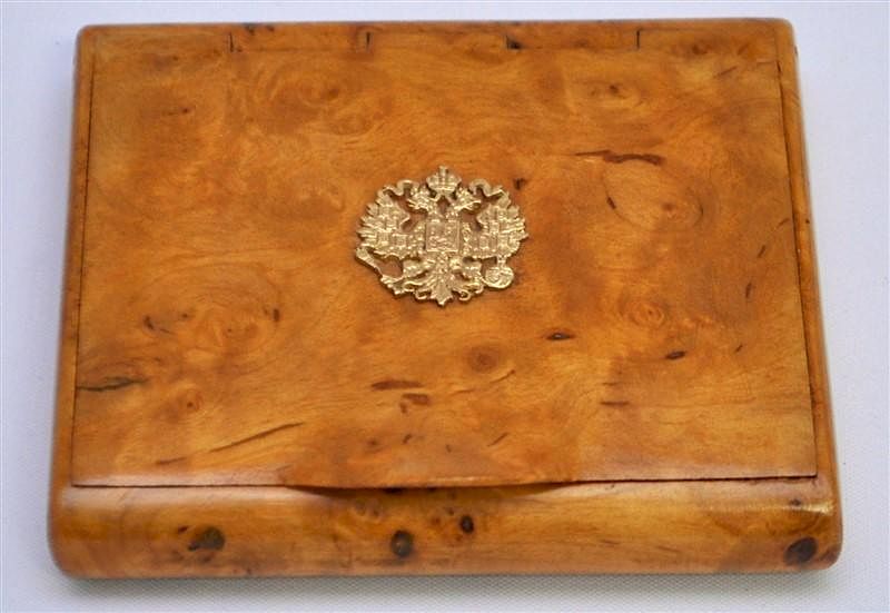 Appraisal: RUSSIAN BURL WOOD CIGARETTE CASE ROMANOV CREST Antique Fine Faberge