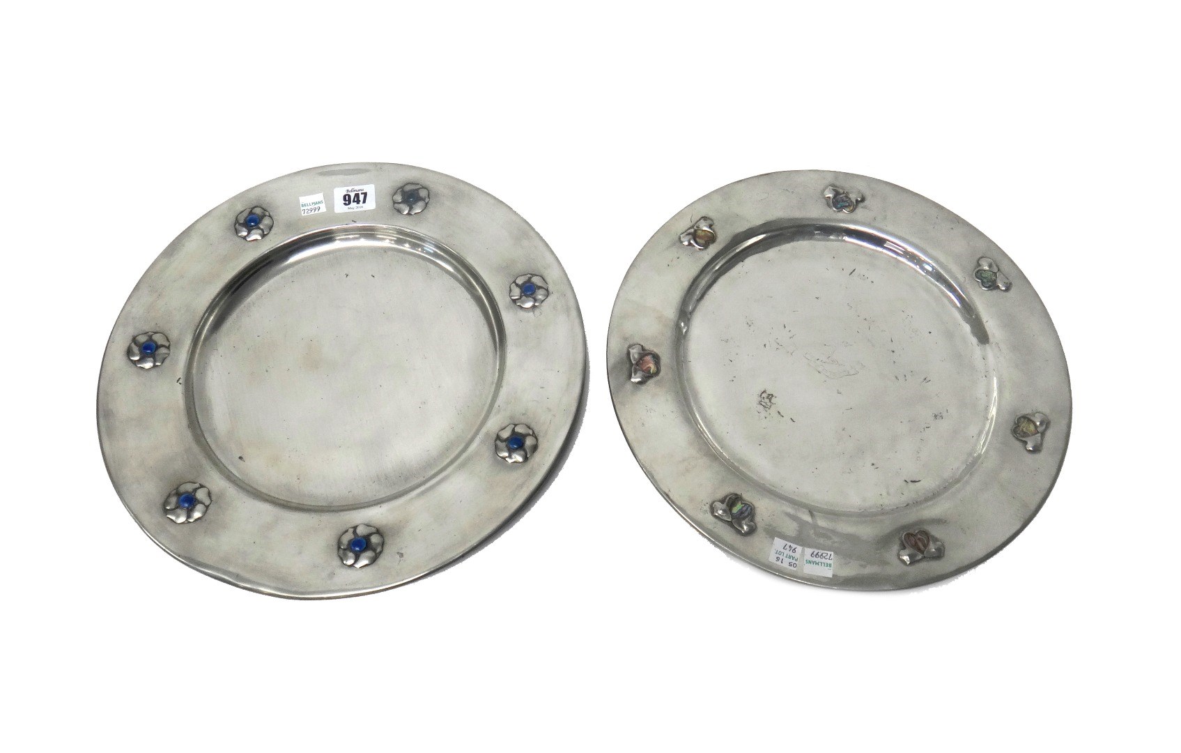 Appraisal: Two pewter chargers circa one decorated with seven abalone shell