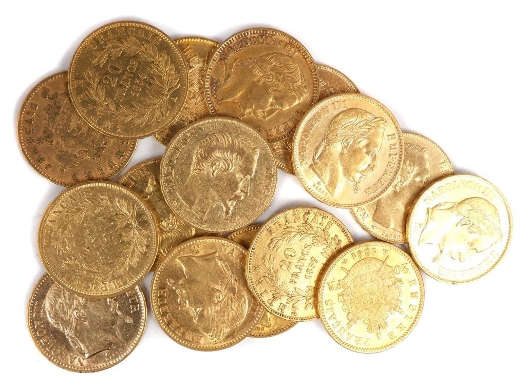 Appraisal: sixteen French gold coins francs dates in s PLEASE NOTE