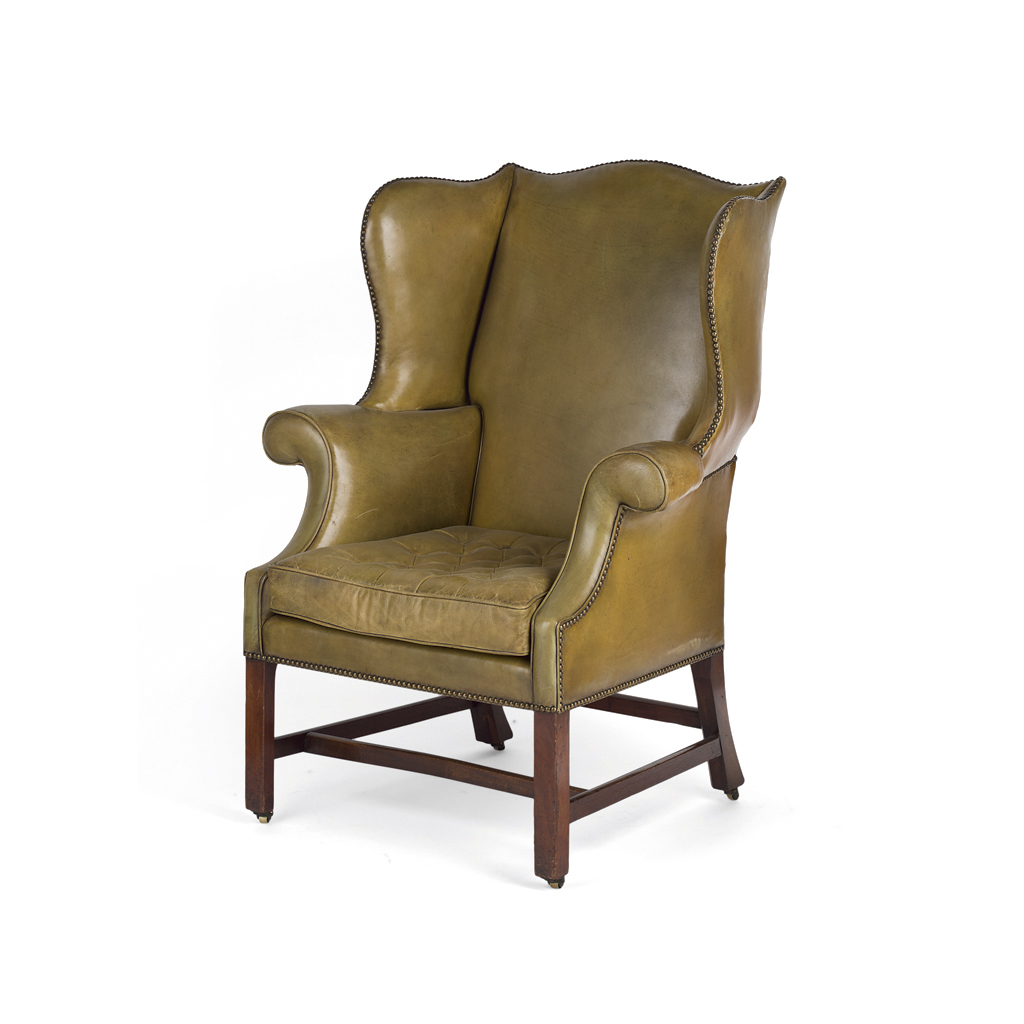 Appraisal: GEORGE III GREEN LEATHER UPHOLSTERED WING ARMCHAIR LATE TH CENTURY