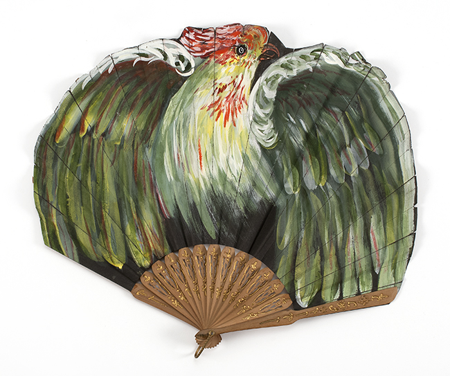 Appraisal: PAPER AND WOOD FONTAGE FAN th CenturyA colorful painted parrot