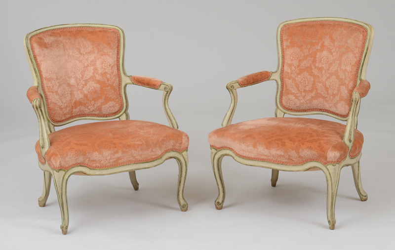 Appraisal: PAIR OF LOUIS XV PAINTED FAUTEUILS EN CABRIOLET Each with