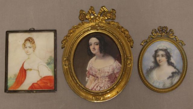 Appraisal: Portrait Miniatures of Young Beauties onBone Ivory A woman in