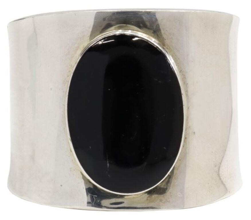 Appraisal: Sterling silver cuff bracelet Mexico black cabochon approx w interior