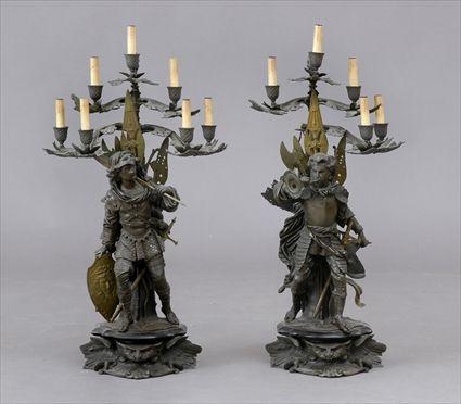 Appraisal: PAIR OF FRENCH BRONZE FIGURAL SEVEN-LIGHT CANDELABRA Signed Erard and