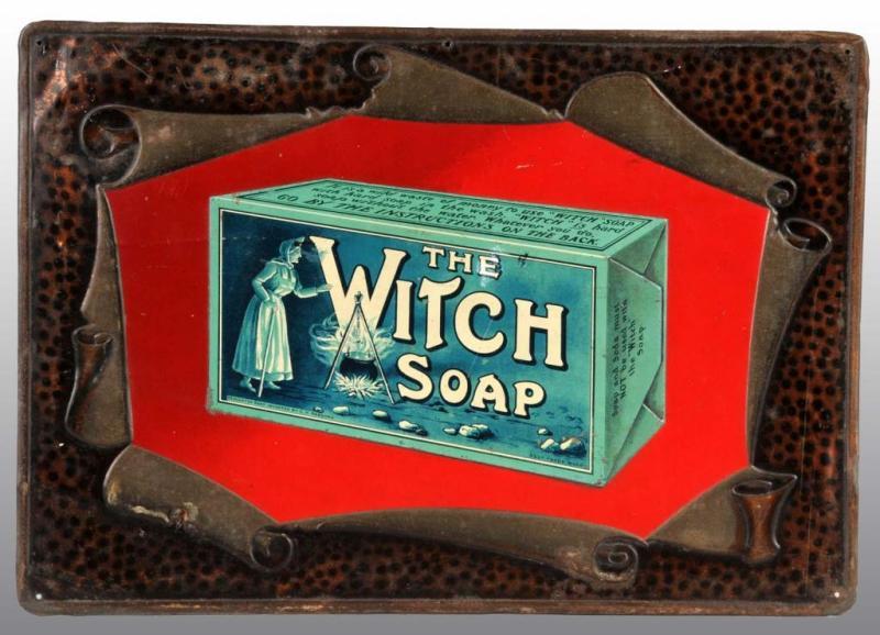 Appraisal: Tin The Witch Soap Sign Description Nice embossed sign with