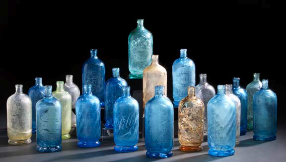 Appraisal: Collection of Twenty-One French Etched Glass Mineral Water Bottles first