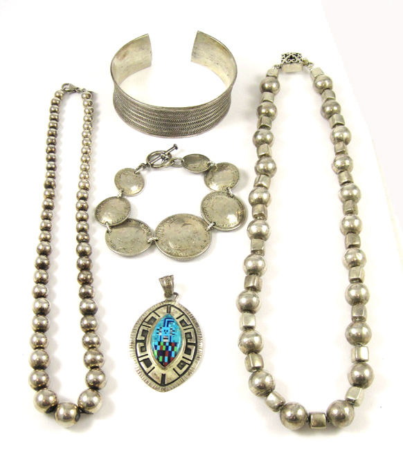 Appraisal: FIVE ARTICLES OF SILVER JEWELRY including a graduated beaded necklace