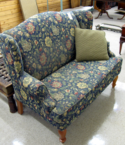 Appraisal: QUEEN ANNE STYLE WINGBACK SETTEE having floral tapestry upholstery and