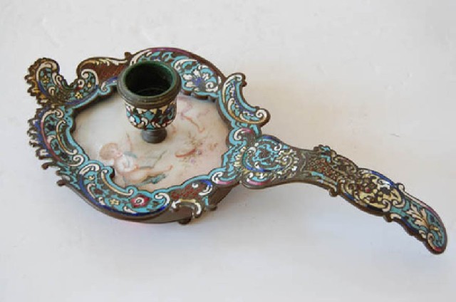 Appraisal: TH CENTURY FRENCH CHAMPLEVE AND PORCELAIN CANDLE HOLDER