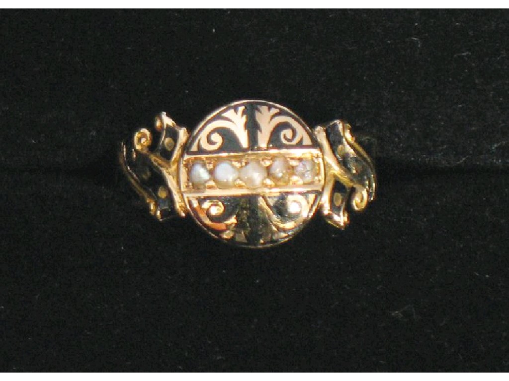 Appraisal: AN ENAMELLED MOURNING RING the central circular panel set with