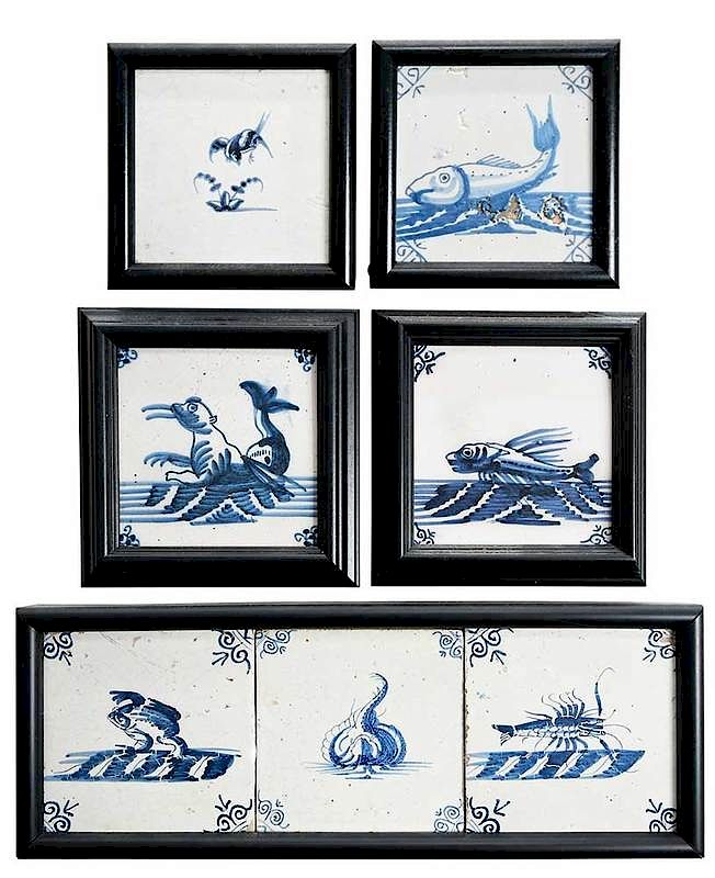 Appraisal: Seven Framed Animal Delftware Tiles Dutch th th century one