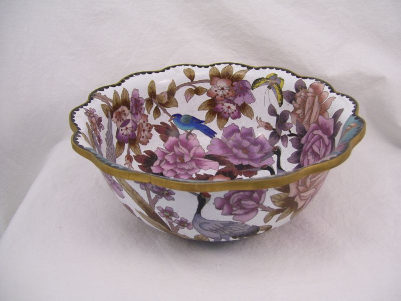 Appraisal: Cloisonne Bowl Exterior decorated with a white background peonies herring