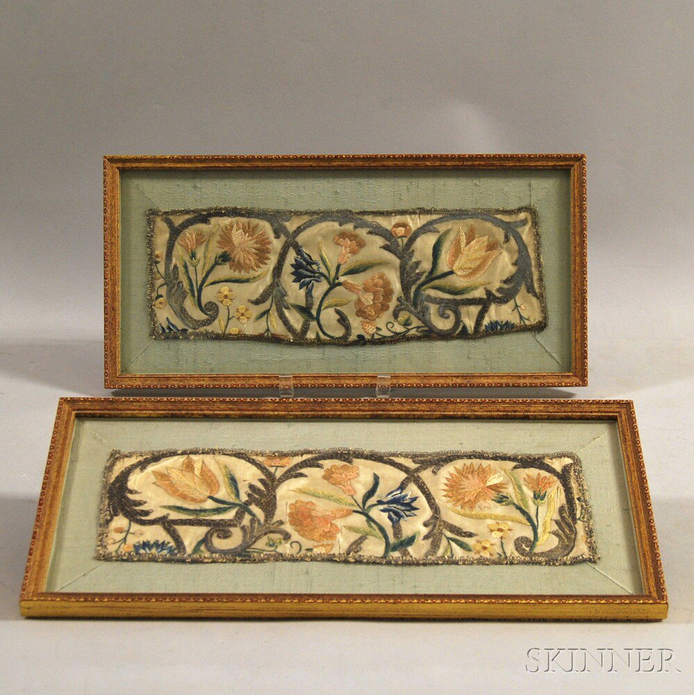 Appraisal: Pair of Framed Silk Needlework Fragments depicting scrolled foliage and