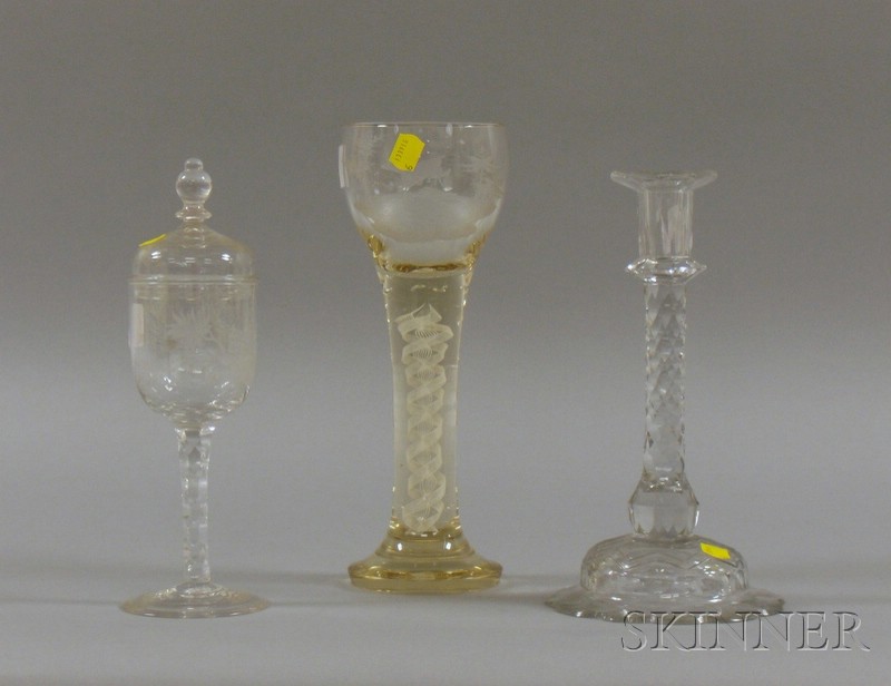 Appraisal: Three Colorless Cut and Etched Art Glass Items a liquor