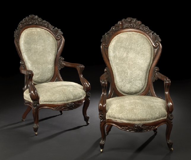 Appraisal: Rare Pair of American Rococo Revival Laminated Rosewood Armchairs mid-