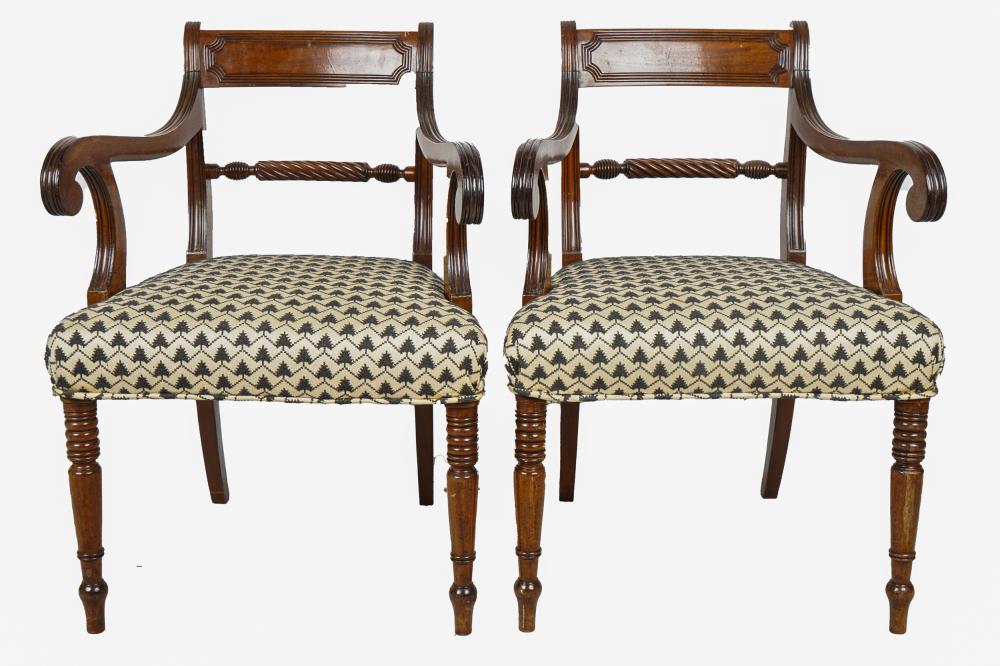 Appraisal: PAIR OF REGENCY ARMCHAIRSEarly th century each covered with later