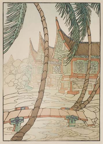 Appraisal: BERTHA LUM Rice Barns Color woodcut on Japan paper circa