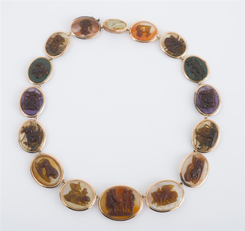 Appraisal: K YELLOW GOLD AND AGATE NECKLACE WITH CARVED APPLIED DECORATION