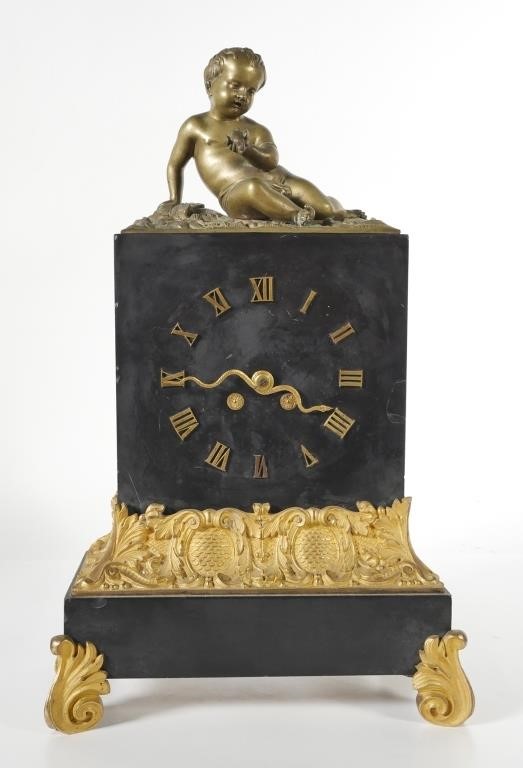 Appraisal: ANTIQUE FRENCH BRONZE MARBLE MANTLE CLOCKFrench gilt bronze and marble