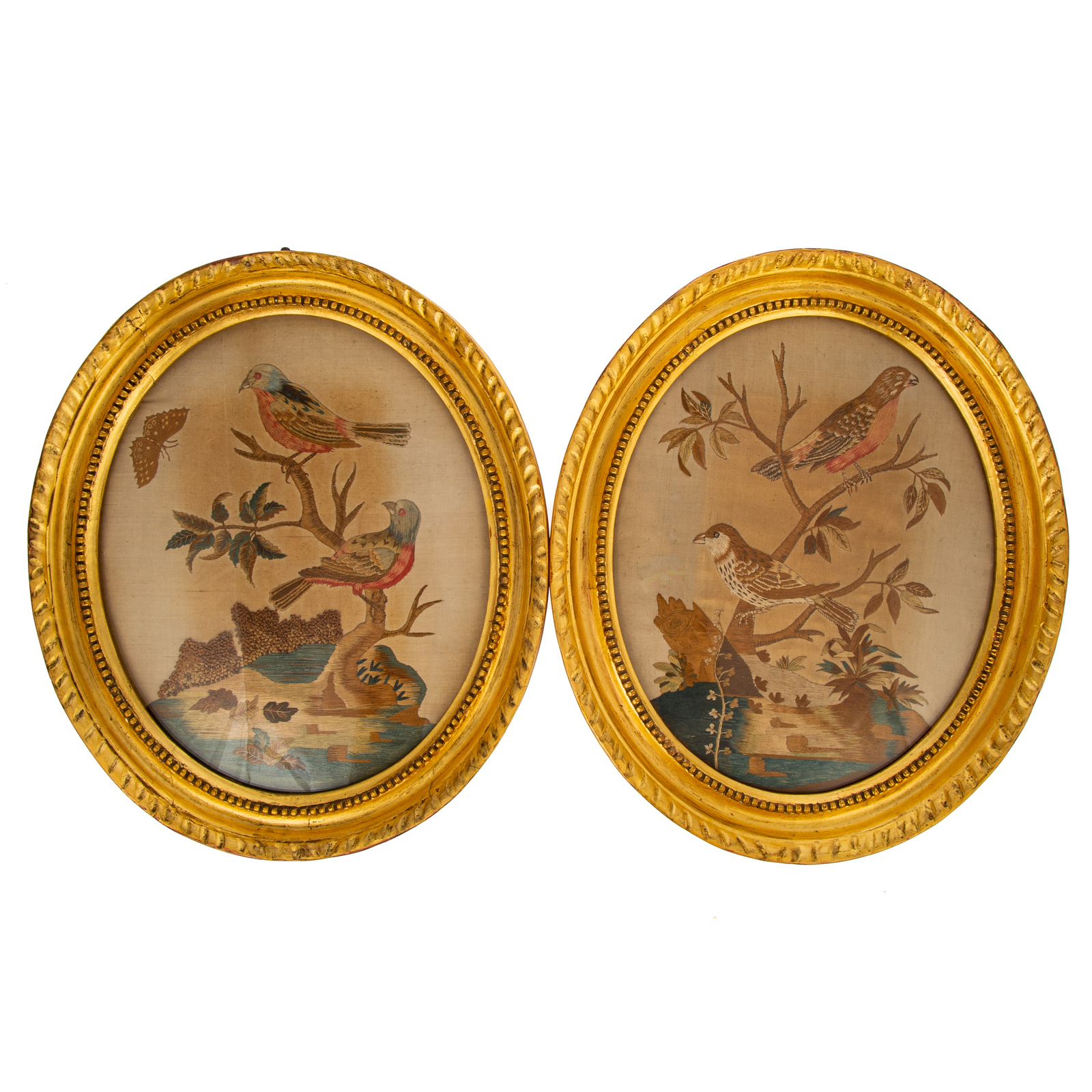 Appraisal: A PAIR OF FRENCH NEEDLEWORK ORNITHOLOGICAL PICTURES Louis XVI Era