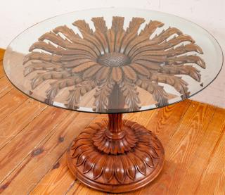 Appraisal: Rosewood Carved Pedestal Table Glass Top Beautiful decorative pedestal table